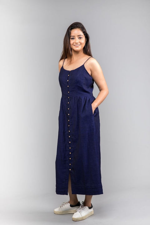 Buy Ankle-Length Strap Dress in Midnight Blue Handwoven Cotton | Vinusto