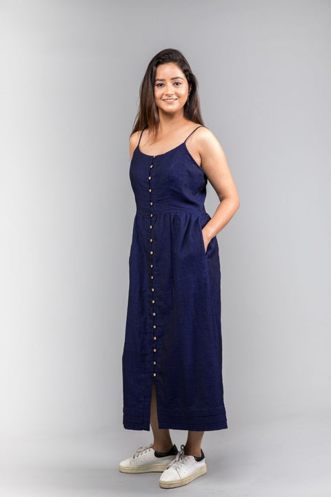 Ankle length strap dress in Midnight Blue handwoven cotton