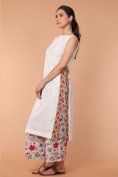 White Sleeveless Cotton Kurta with Hand block Print Details