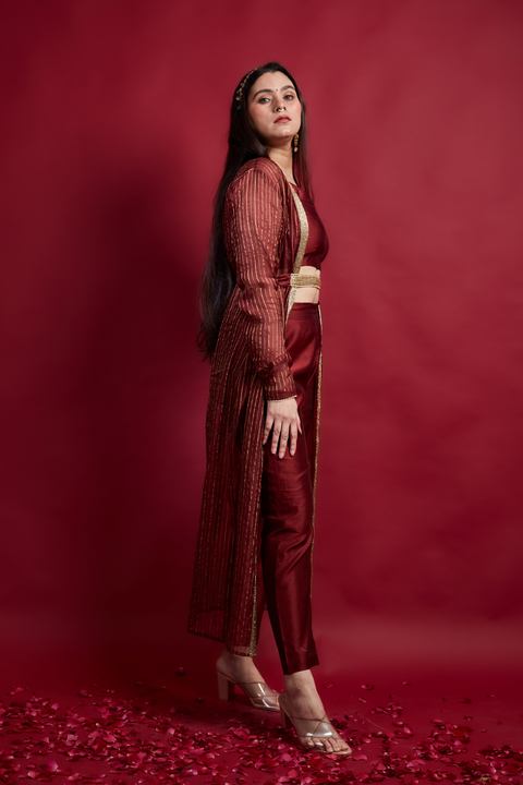 Order Top & Pant Set with Long Shrug Jacket in Chanderi Handloom (Set of 3) | Vinusto