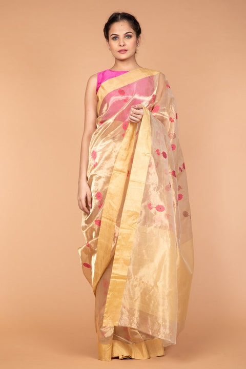Buy Gold & Pink Chanderi Tissue Silk Saree

