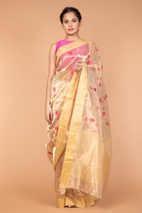 Chanderi Hand Loom Tissue Silk Saree in Gold & Pink