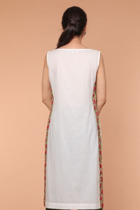 Luxury Cotton Straight Fit Kurta with Side Details in White & Hand Block Printed Palazzo – Set of 2 | Vinusto

