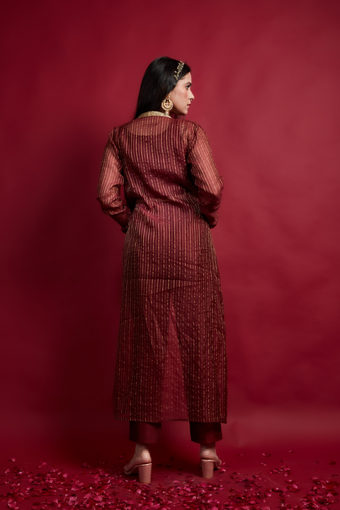 Luxury Top & Pant Set with Long Shrug Jacket in Chanderi Handloom (Set of 3) | Vinusto