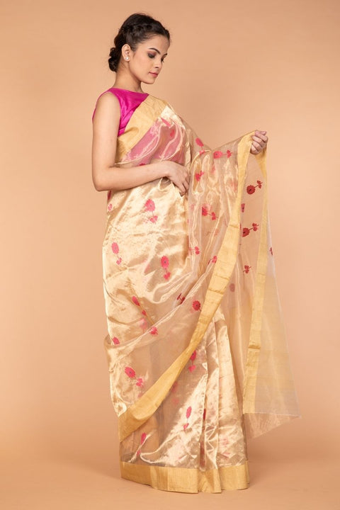 Order Gold & Pink Chanderi Tissue Silk Saree


