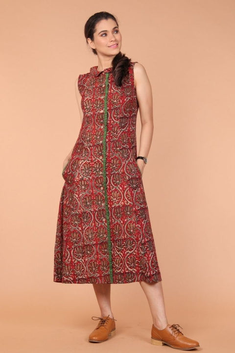 Panelled A-line Dress in Maroon Handblock Printed Cotton