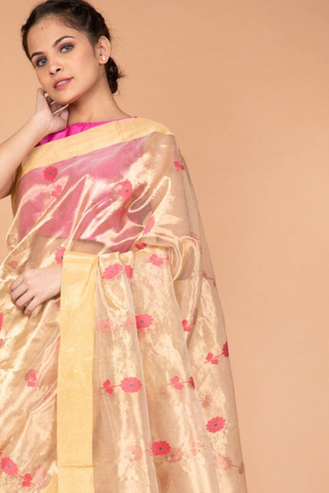 Luxury Gold & Pink Chanderi Tissue Silk Saree

