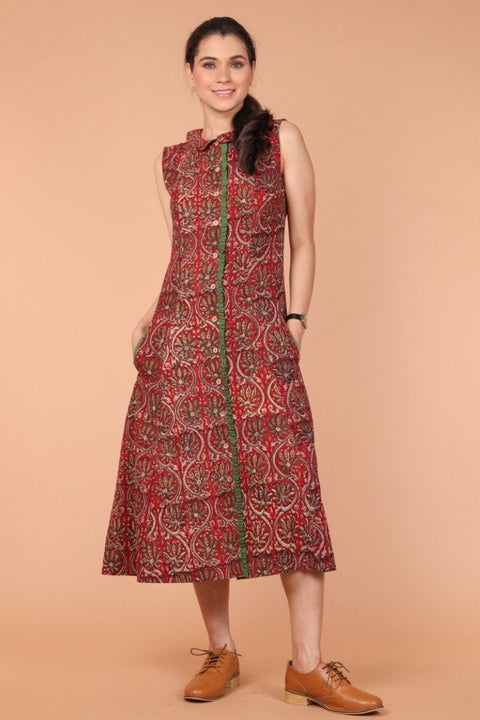 Buy Panelled A-Line Dress in Maroon Hand Block Printed Cotton | Vinusto