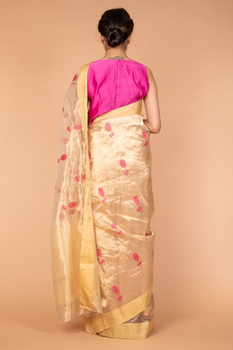 Premium Gold & Pink Chanderi Tissue Silk Saree

