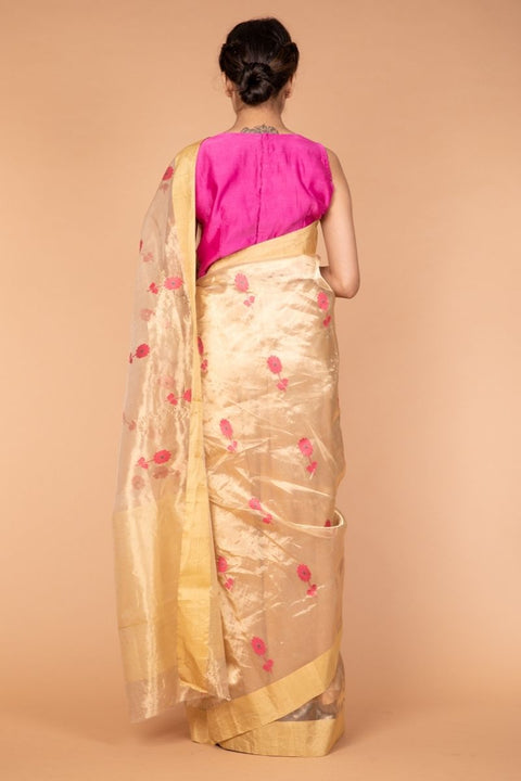 Chanderi Hand Loom Tissue Silk Saree in Gold & Pink