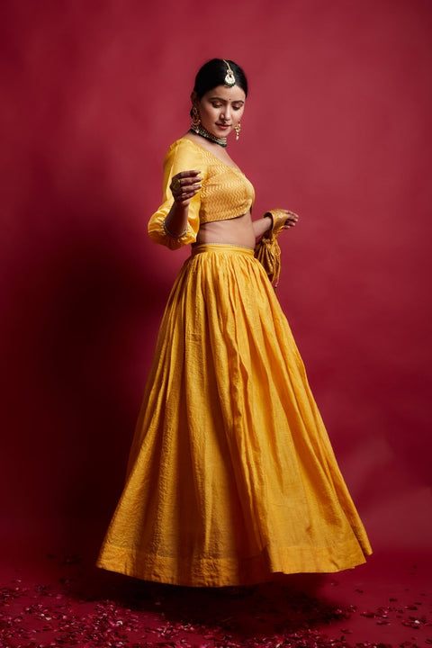 Shop Turmeric Yellow Chanderi Handloom Lehanga Set, With Color Block Dupatta (Set Of 3)at Best Price online - By Vinusto