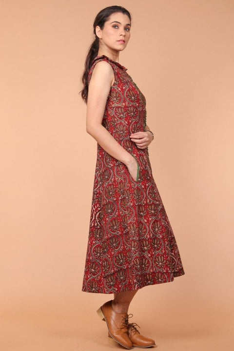 Panelled A-line Dress in Maroon Handblock Printed Cotton