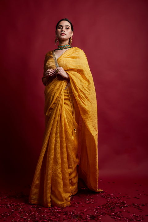 Premium Turmeric Yellow Gold Stripes Saree with Embroidered Wrap Blouse in Chanderi Handloom (Set of 2) | Vinusto