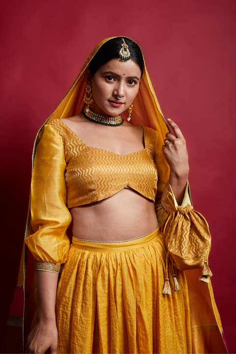 Shop Turmeric Yellow Chanderi Handloom Lehanga Set (Set Of 2)at Best Price online - By Vinusto