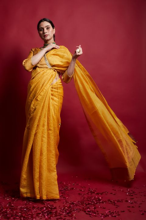 Buy Turmeric Yellow Gold Stripes Saree with Embroidered Wrap Blouse in Chanderi Handloom (Set of 2) | Vinusto