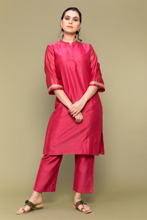 Luxury Fuchsia Pink Chanderi Handloom Straight Fit Kurta & Pants - Set of 2

