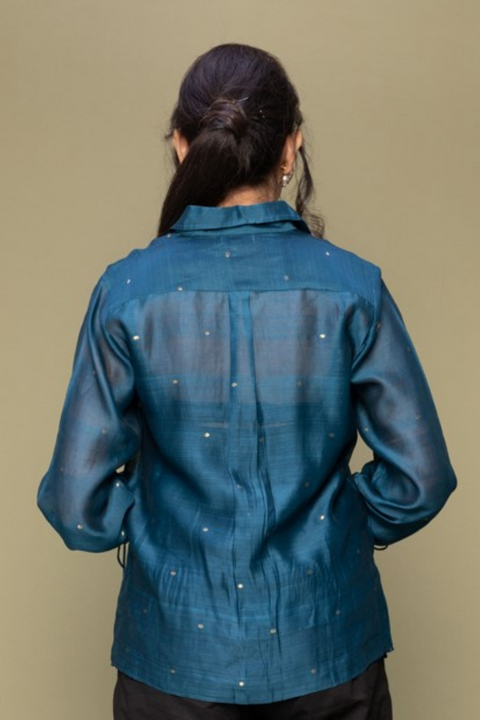 Luxury Teal Blue Chanderi Handloom Shirt with Balloon Sleeves | Vinusto