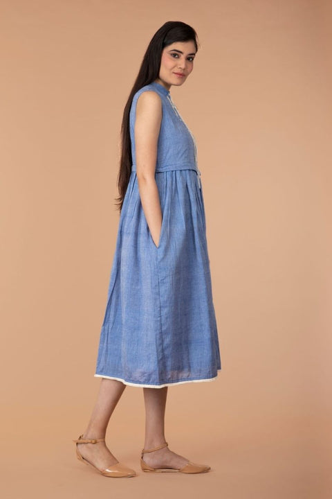 Buy Chambray Blue Fringe Placket Dress in Sambalpur Handloom Cotton | Vinusto