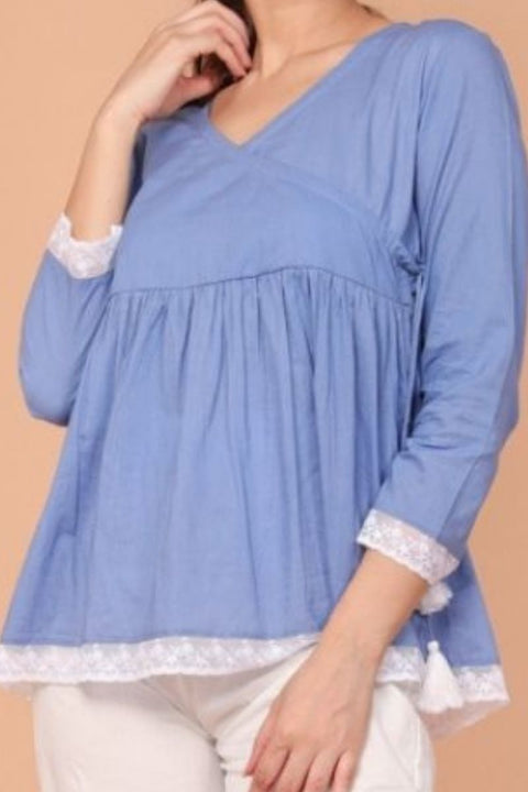 Luxury Angrakha Wrapped Top in Oxford Blue with Gathered Pants in White (Set of 2) | Vinusto