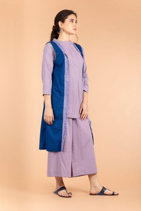 Buy Pleated Short Kurta in Lilac Textured Cotton with Lilac Cotton Palazzo & Hand Block Printed Reversible Jacket (Set of 3) | Vinusto