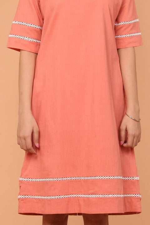 Luxury Shift Dress with Lace Inserts in Coral Cotton | Vinusto