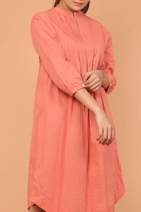 Luxury Pintuck Shift Dress in Coral Cotton | Vinusto
