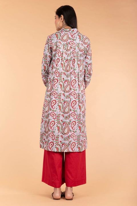 Premium Shirt Kurta in Lilac Hand-Block Print with Red Cotton Palazzo - Set of 2 | Vinusto

