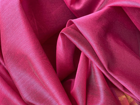 Buy Handwoven Fuchsia Pink Chanderi Silk Fabric With Gold Border - By Vinusto