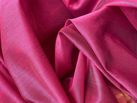 Handwoven Fuchsia Pink Chanderi silk fabric with gold border