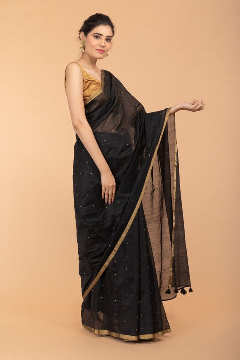 Luxury Handcrafted Black Chanderi Handloom Silk Saree – Vinusto