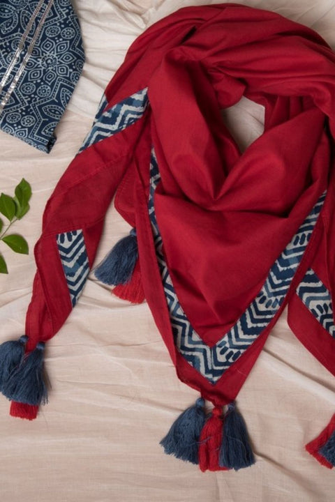 100% Authentic Kurta Set in Coral Cotton with Square Scarf in Red (Set of 3) by Vinusto 