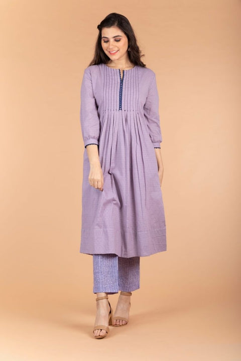 Buy Lilac Swiss Dot Cotton Kurta With Pintucks & Pinstripe Straight Pants (set of 2) -  By Vinusto 