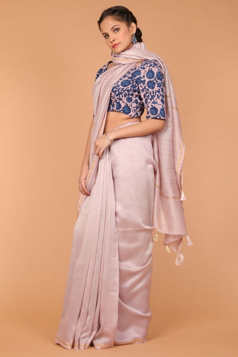 Premium Woven Chanderi Sari in Onion Pink with Hand Block Printed Cotton Blouse in Indigo | Vinusto