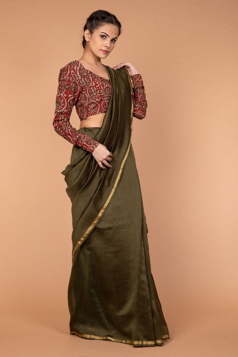 Luxury Woven Chanderi Sari in Olive Green with Hand Block Printed Cotton Blouse in Maroon | Vinusto
