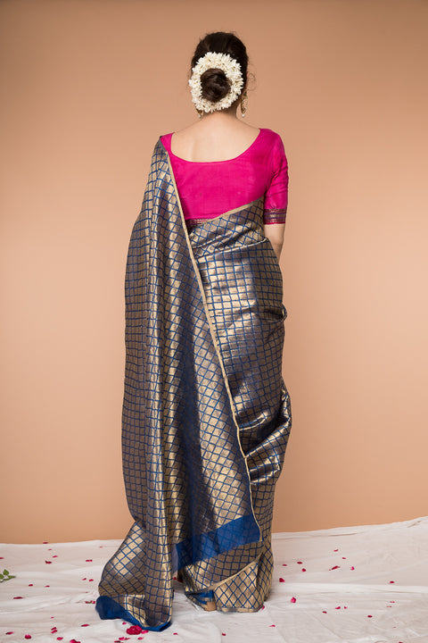 Premium Handwoven Zari Saree in Gold & Royal Blue - Vinusto

