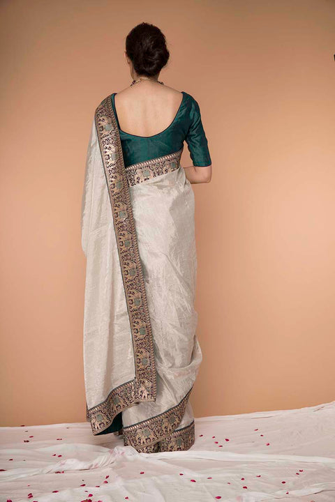 Premium Handcrafted Silver & Teal Zari Saree – Elegant & Traditional

