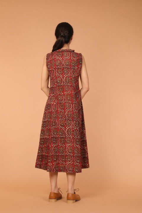 Premium Panelled A-Line Dress in Maroon Hand Block Printed Cotton | Vinusto