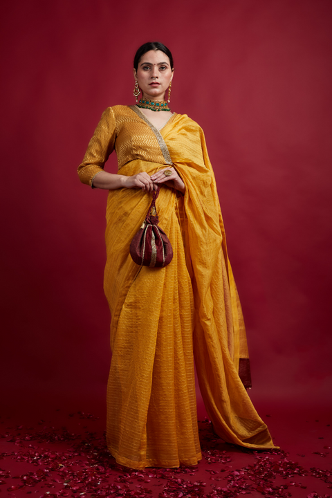 Shop Turmeric Yellow Saree with Gold Stripes in Chanderi Handloom – Set of 2

