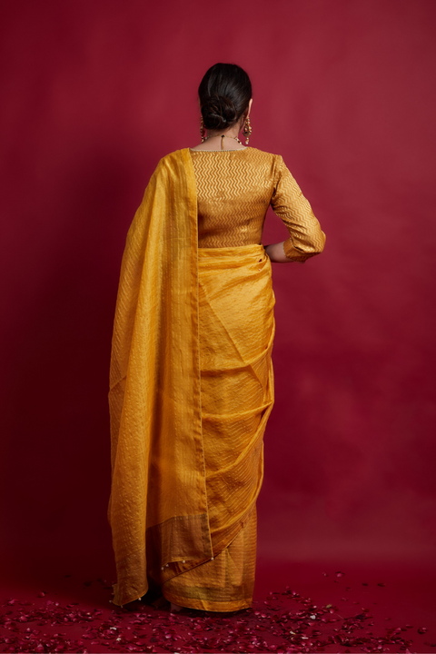 Luxury Turmeric Yellow Gold Stripes Saree with Embroidered Wrap Blouse in Chanderi Handloom (Set of 2) | Vinusto