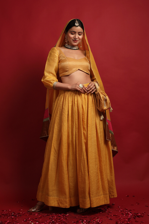 Order Turmeric Yellow Chanderi Handloom Lehanga Set, With Color Block Dupatta (Set Of 3) - By Vinusto