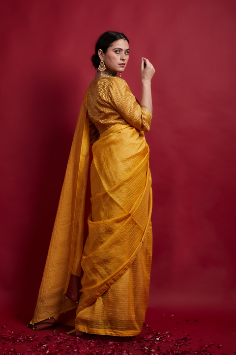 Order Turmeric Yellow Gold Stripes Saree with Embroidered Wrap Blouse in Chanderi Handloom (Set of 2) | Vinusto