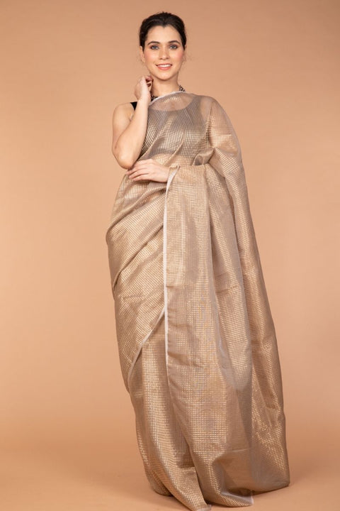 Shop Chanderi Mercerized Zari Saree in Beige & Gold - Vinusto

