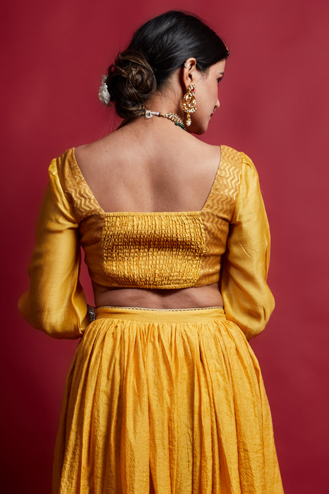 Designer Turmeric Yellow Chanderi Handloom Lehanga Set (Set Of 2) - By Vinusto