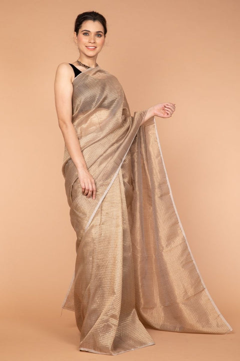 Buy Chanderi Mercerized Zari Saree in Beige & Gold - Vinusto

