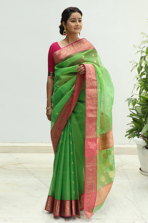 Shop Chanderi Silk Sari in Apple Green & Pink – Vinusto

