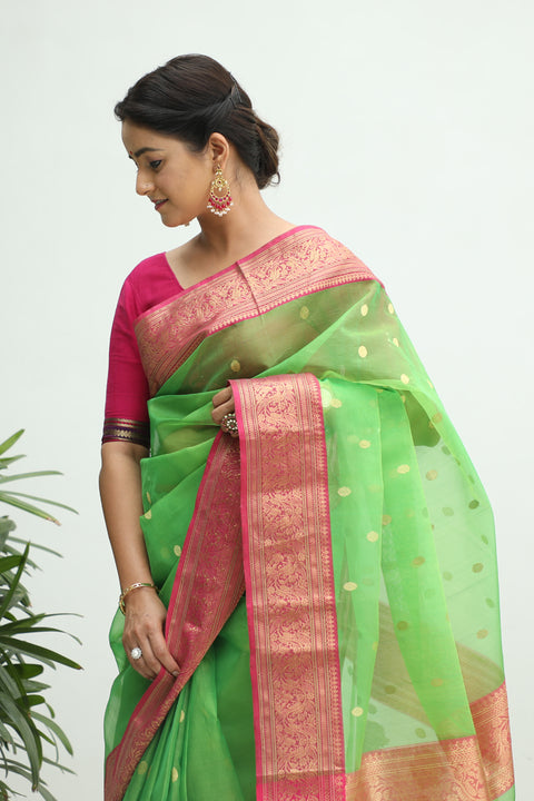 Buy Chanderi Silk Sari in Apple Green & Pink – Vinusto

