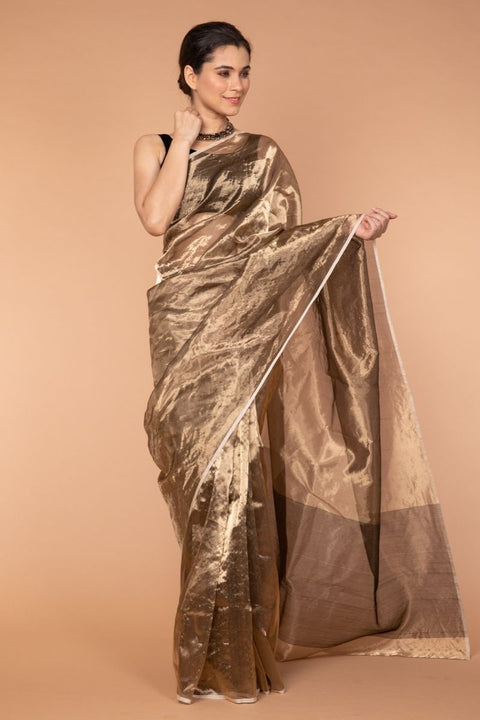 Shop Chanderi Mercerized Silk Saree in Metallic Gold - Vinusto

