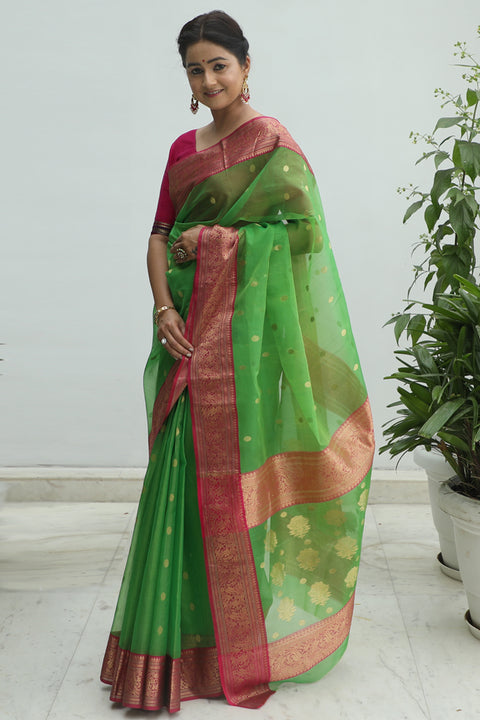 Order Chanderi Silk Sari in Apple Green & Pink – Vinusto

