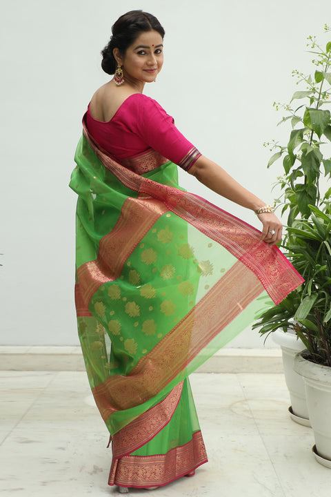 Luxury Chanderi Silk Sari in Apple Green & Pink – Vinusto


