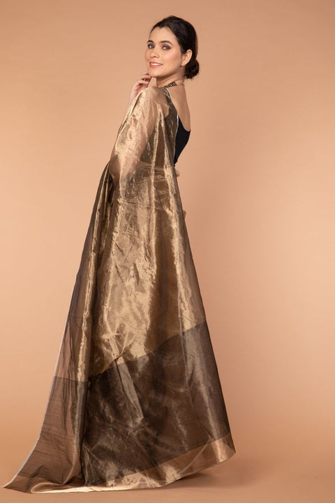 Buy Chanderi Mercerized Silk Saree in Metallic Gold - Vinusto

